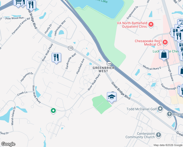 map of restaurants, bars, coffee shops, grocery stores, and more near 1710 Willow Point Arch in Chesapeake