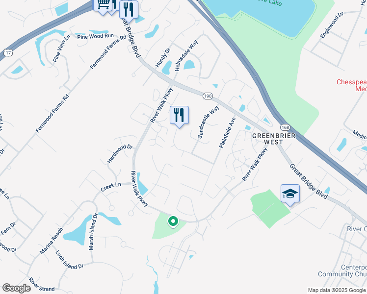 map of restaurants, bars, coffee shops, grocery stores, and more near 809 Shipton Court in Chesapeake