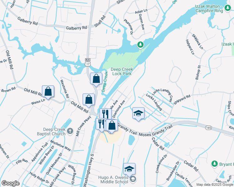 map of restaurants, bars, coffee shops, grocery stores, and more near 220 Hinton Avenue in Chesapeake