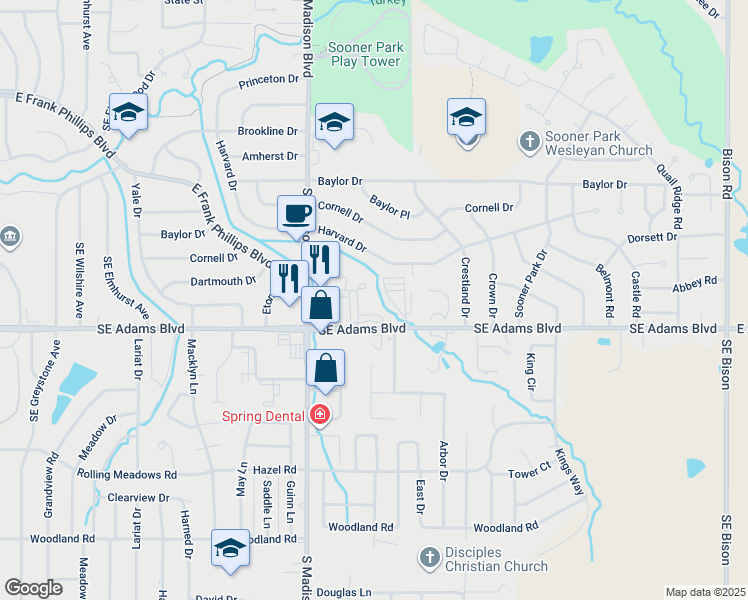 map of restaurants, bars, coffee shops, grocery stores, and more near 18 Colony Way in Bartlesville