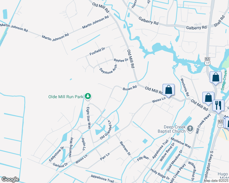 map of restaurants, bars, coffee shops, grocery stores, and more near 141 Brown Road in Chesapeake