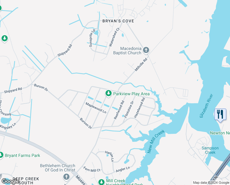 map of restaurants, bars, coffee shops, grocery stores, and more near 1900 Millville Road in Chesapeake