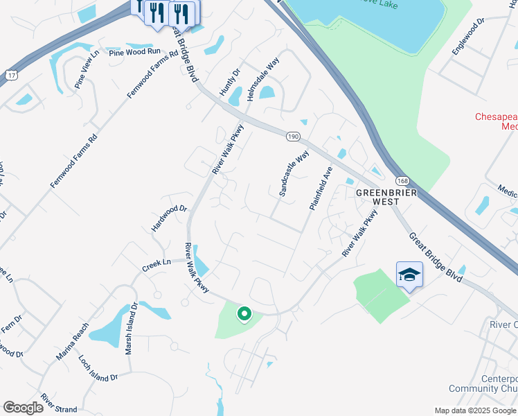 map of restaurants, bars, coffee shops, grocery stores, and more near 809 Shipton Court in Chesapeake