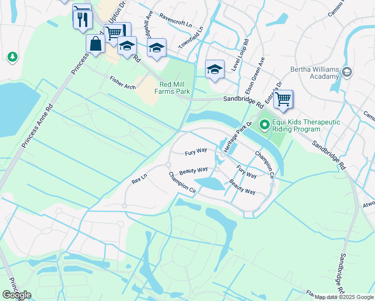 map of restaurants, bars, coffee shops, grocery stores, and more near 1836 Fury Way in Virginia Beach