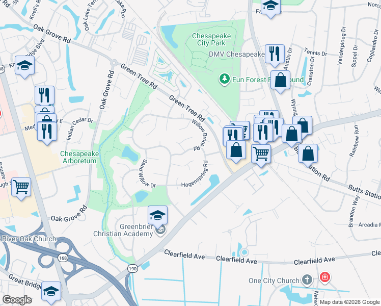 map of restaurants, bars, coffee shops, grocery stores, and more near 739 Willow Brook Road in Chesapeake