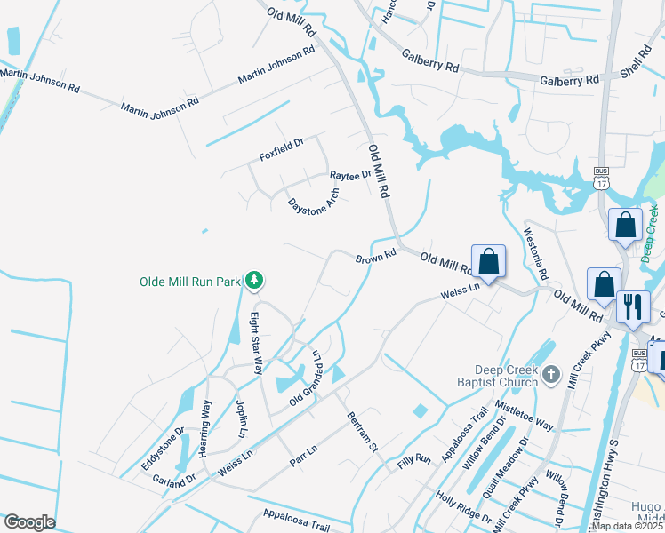 map of restaurants, bars, coffee shops, grocery stores, and more near 141 Brown Road in Chesapeake