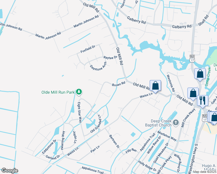 map of restaurants, bars, coffee shops, grocery stores, and more near 125 Brown Road in Chesapeake