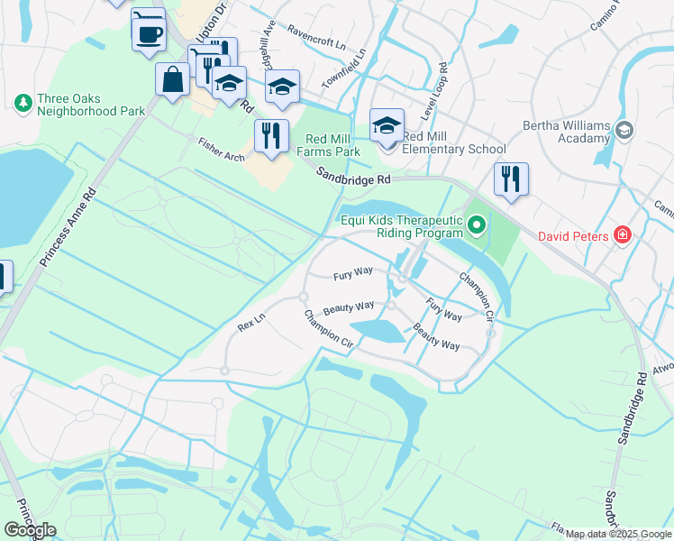 map of restaurants, bars, coffee shops, grocery stores, and more near 1836 Fury Way in Virginia Beach