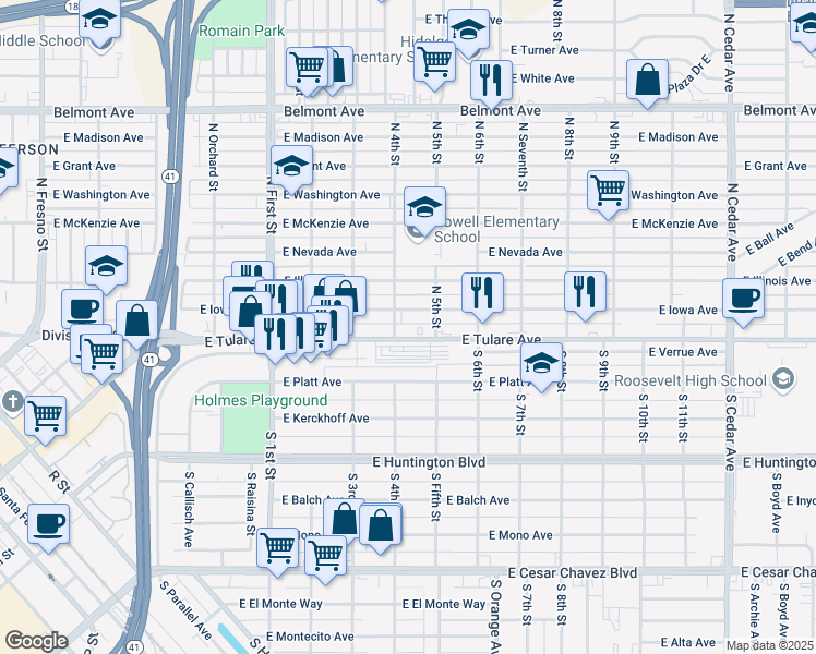 map of restaurants, bars, coffee shops, grocery stores, and more near 3404 East Iowa Avenue in Fresno