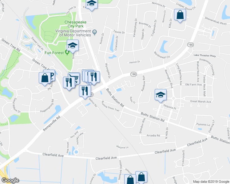 map of restaurants, bars, coffee shops, grocery stores, and more near 600 Station Square Lane in Chesapeake