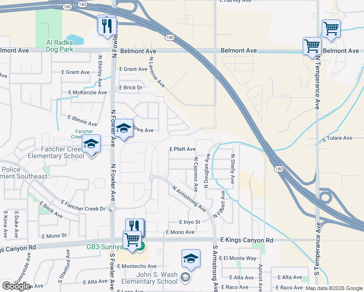 map of restaurants, bars, coffee shops, grocery stores, and more near 6318 East Platt Avenue in Fresno