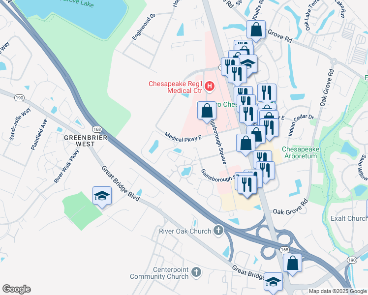 map of restaurants, bars, coffee shops, grocery stores, and more near 417 Tapestry Park Loop in Chesapeake