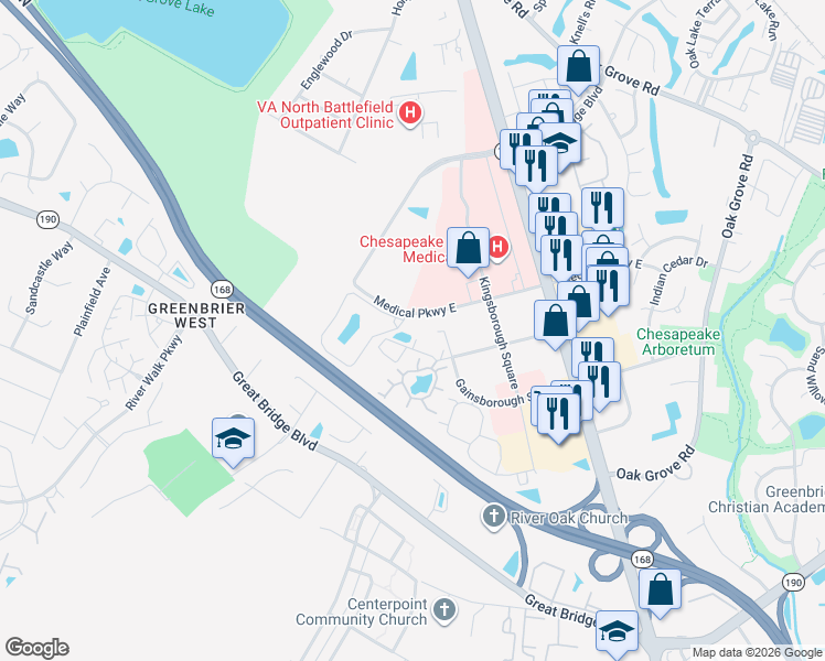 map of restaurants, bars, coffee shops, grocery stores, and more near 417 Tapestry Park Loop in Chesapeake