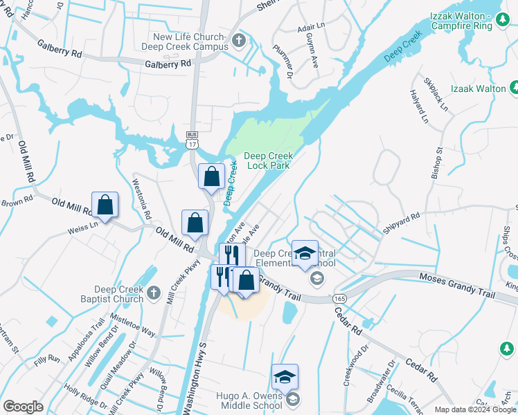 map of restaurants, bars, coffee shops, grocery stores, and more near 218 Hinton Avenue in Chesapeake