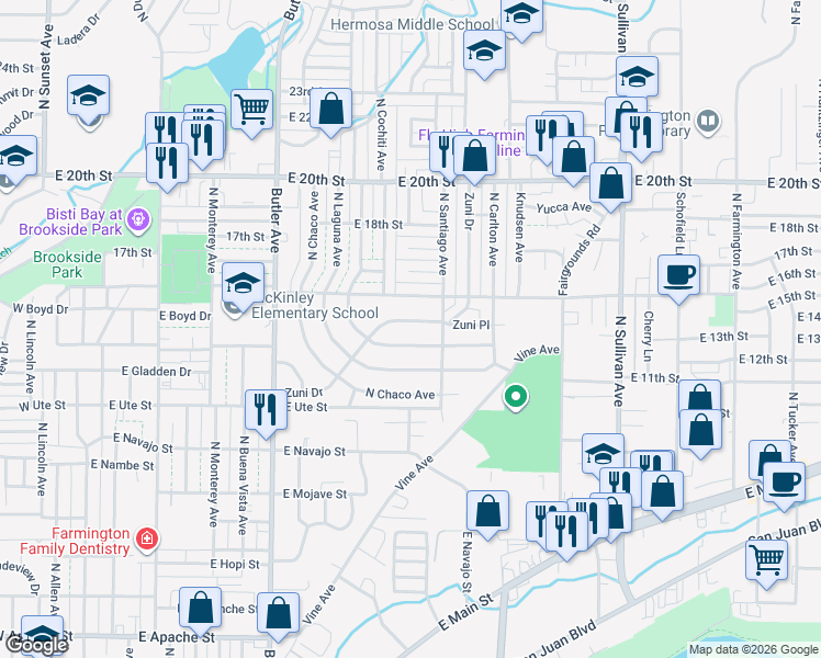 map of restaurants, bars, coffee shops, grocery stores, and more near 1028 Zuni Drive in Farmington