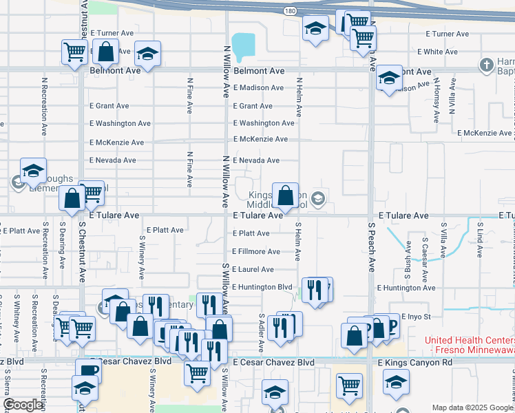 map of restaurants, bars, coffee shops, grocery stores, and more near 190 North Willow Avenue in Fresno