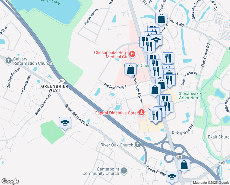 map of restaurants, bars, coffee shops, grocery stores, and more near 417 Tapestry Park Loop in Chesapeake