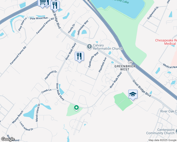 map of restaurants, bars, coffee shops, grocery stores, and more near 711 Pine Bluff Court in Chesapeake