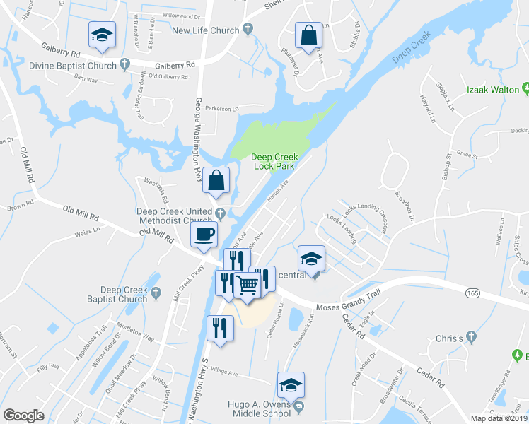 map of restaurants, bars, coffee shops, grocery stores, and more near 300 Hinton Avenue in Chesapeake