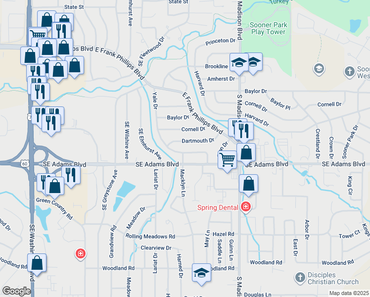 map of restaurants, bars, coffee shops, grocery stores, and more near 4733 Dartmouth Drive in Bartlesville