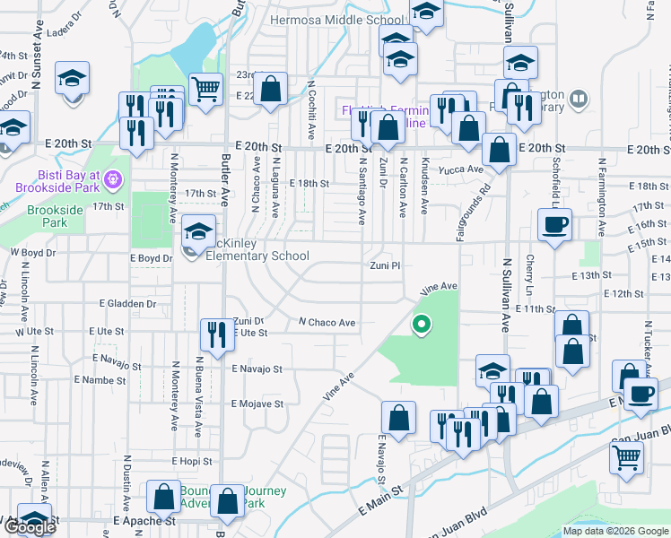 map of restaurants, bars, coffee shops, grocery stores, and more near 1028 Zuni Drive in Farmington
