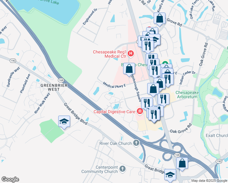 map of restaurants, bars, coffee shops, grocery stores, and more near 343 Gainsborough Square in Chesapeake
