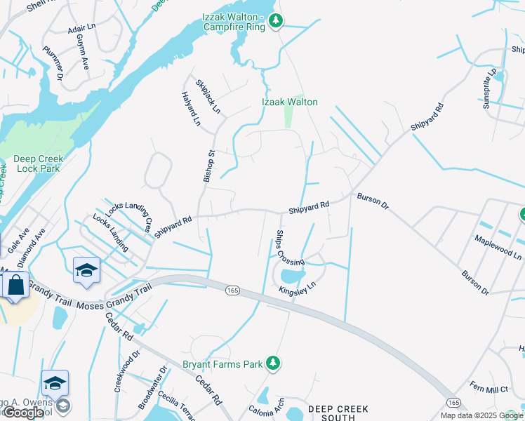 map of restaurants, bars, coffee shops, grocery stores, and more near 2207 Shipyard Road in Chesapeake