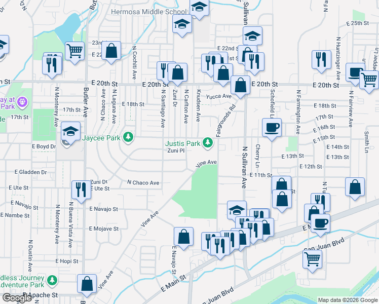 map of restaurants, bars, coffee shops, grocery stores, and more near 1402 North Carlton Avenue in Farmington