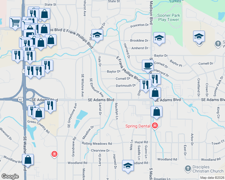 map of restaurants, bars, coffee shops, grocery stores, and more near 720 Yale Drive in Bartlesville