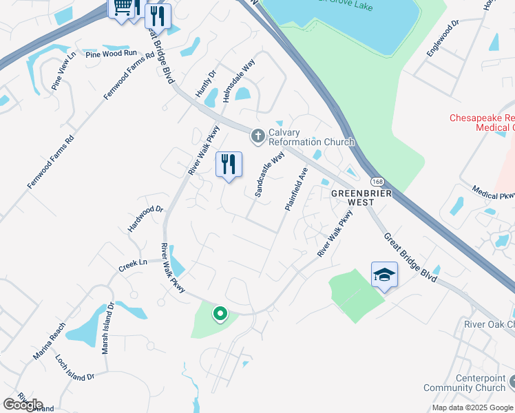 map of restaurants, bars, coffee shops, grocery stores, and more near 711 Pine Bluff Court in Chesapeake