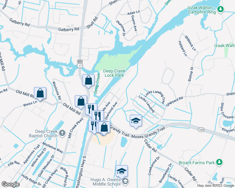 map of restaurants, bars, coffee shops, grocery stores, and more near 304 Gale Avenue in Chesapeake