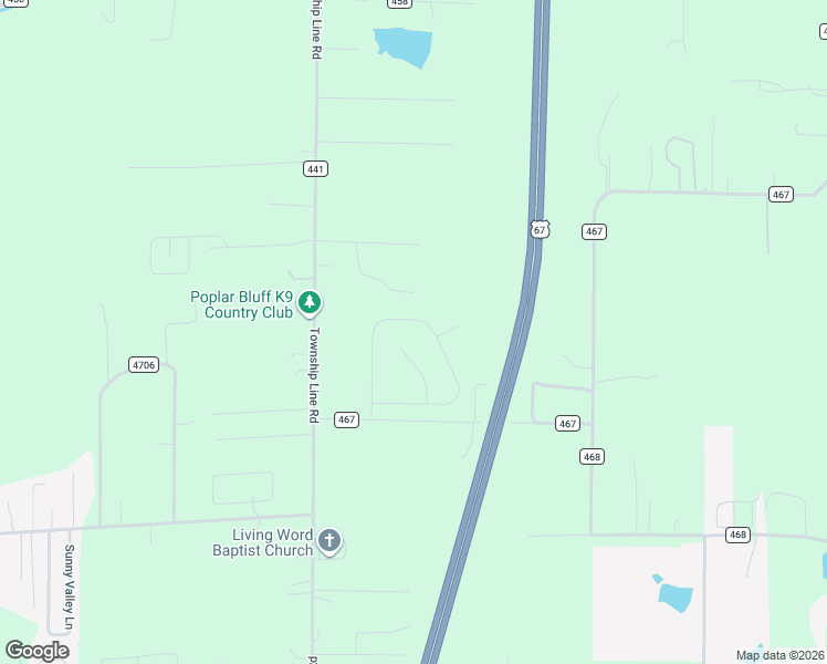 map of restaurants, bars, coffee shops, grocery stores, and more near 441 County Road 467 in Poplar Bluff