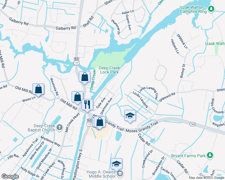 map of restaurants, bars, coffee shops, grocery stores, and more near 304 Gale Avenue in Chesapeake