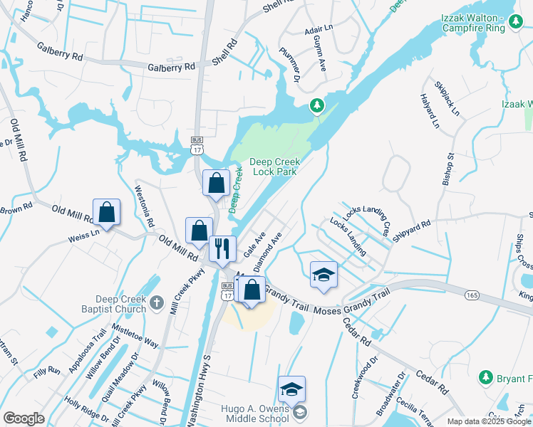 map of restaurants, bars, coffee shops, grocery stores, and more near 220 Hinton Avenue in Chesapeake