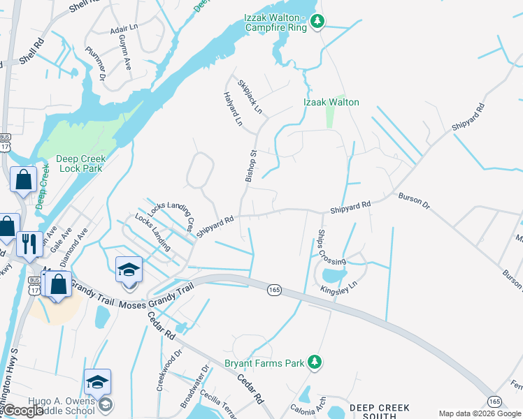 map of restaurants, bars, coffee shops, grocery stores, and more near 2260A Shipyard Road in Chesapeake