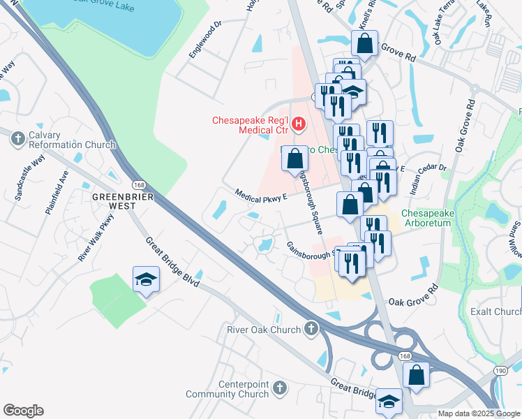 map of restaurants, bars, coffee shops, grocery stores, and more near 339 Gainsborough Square in Chesapeake