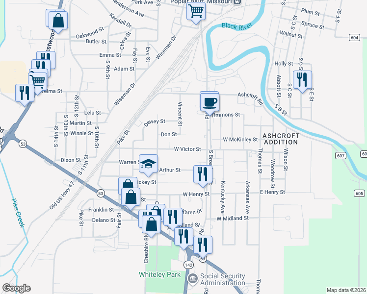 map of restaurants, bars, coffee shops, grocery stores, and more near 519 West Victor Street in Poplar Bluff
