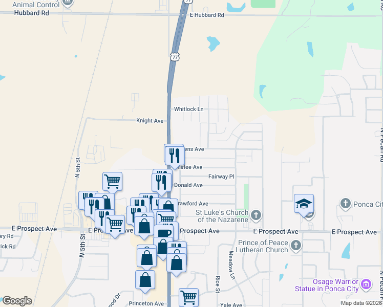 map of restaurants, bars, coffee shops, grocery stores, and more near 1506 Queens Avenue in Ponca City