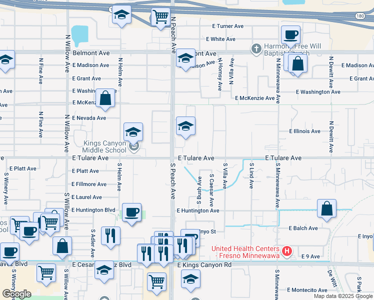 map of restaurants, bars, coffee shops, grocery stores, and more near East Tulare Street in Fresno