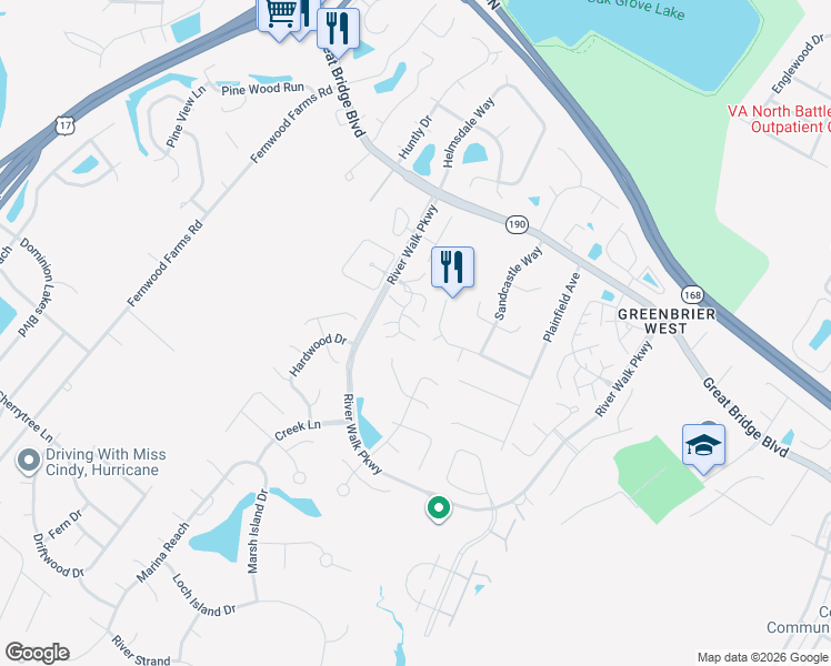 map of restaurants, bars, coffee shops, grocery stores, and more near 700 Nottoway River Court in Chesapeake