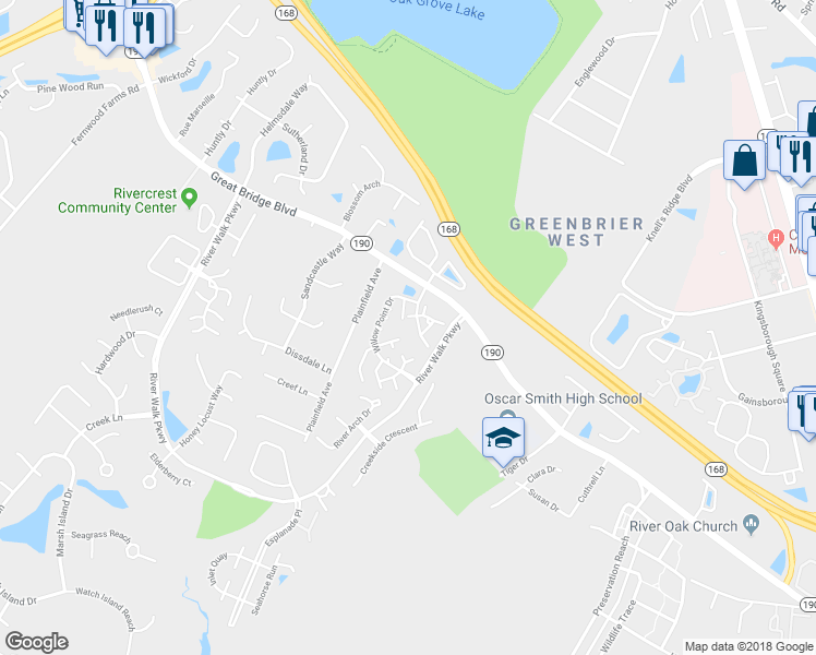 map of restaurants, bars, coffee shops, grocery stores, and more near 1708 Willow Point Arch in Chesapeake