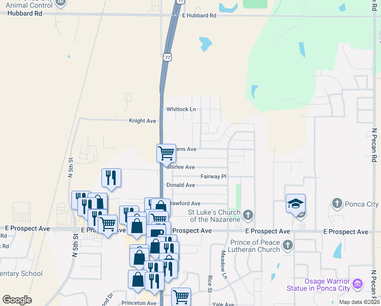 map of restaurants, bars, coffee shops, grocery stores, and more near 1506 Queens Avenue in Ponca City