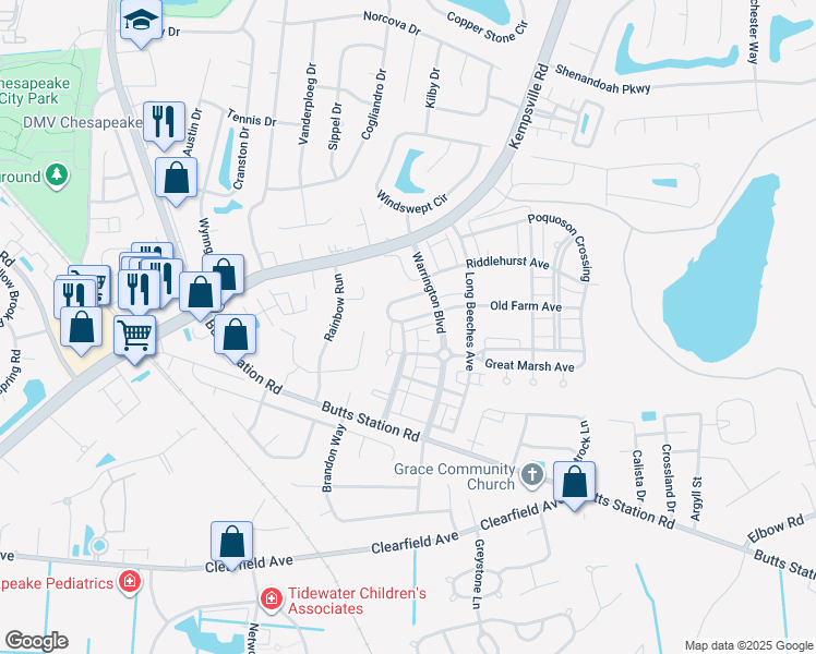 map of restaurants, bars, coffee shops, grocery stores, and more near 713 Old Fields Arch in Chesapeake