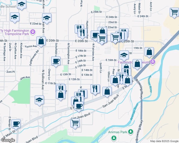 map of restaurants, bars, coffee shops, grocery stores, and more near 2325 East 14th Street in Farmington