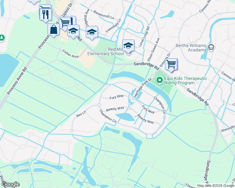 map of restaurants, bars, coffee shops, grocery stores, and more near 1824 Fury Way in Virginia Beach