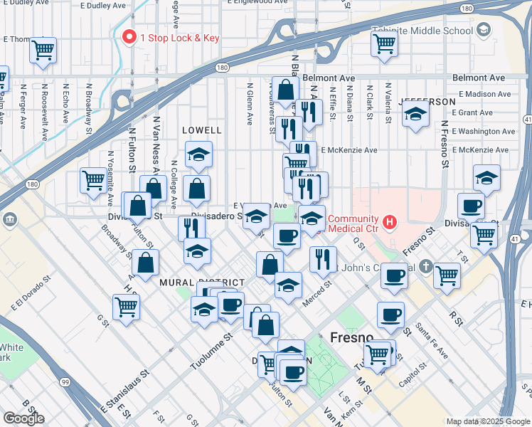 map of restaurants, bars, coffee shops, grocery stores, and more near 33 North Calaveras Street in Fresno
