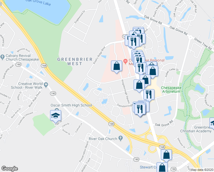 map of restaurants, bars, coffee shops, grocery stores, and more near 318 Gainsborough Square in Chesapeake