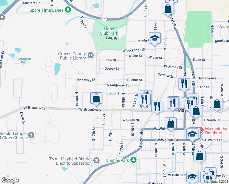 map of restaurants, bars, coffee shops, grocery stores, and more near 921 Depot Street in Mayfield