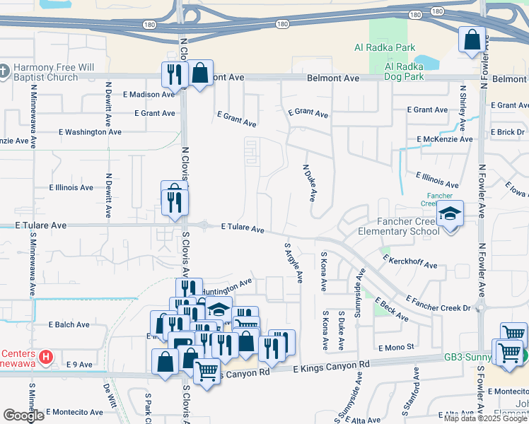 map of restaurants, bars, coffee shops, grocery stores, and more near 150 North Salma Avenue in Fresno