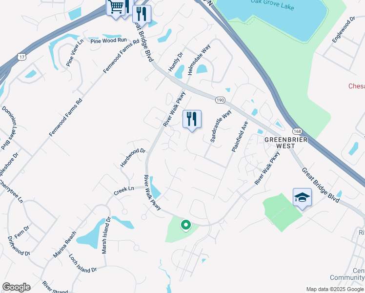 map of restaurants, bars, coffee shops, grocery stores, and more near 700 Nottoway River Court in Chesapeake